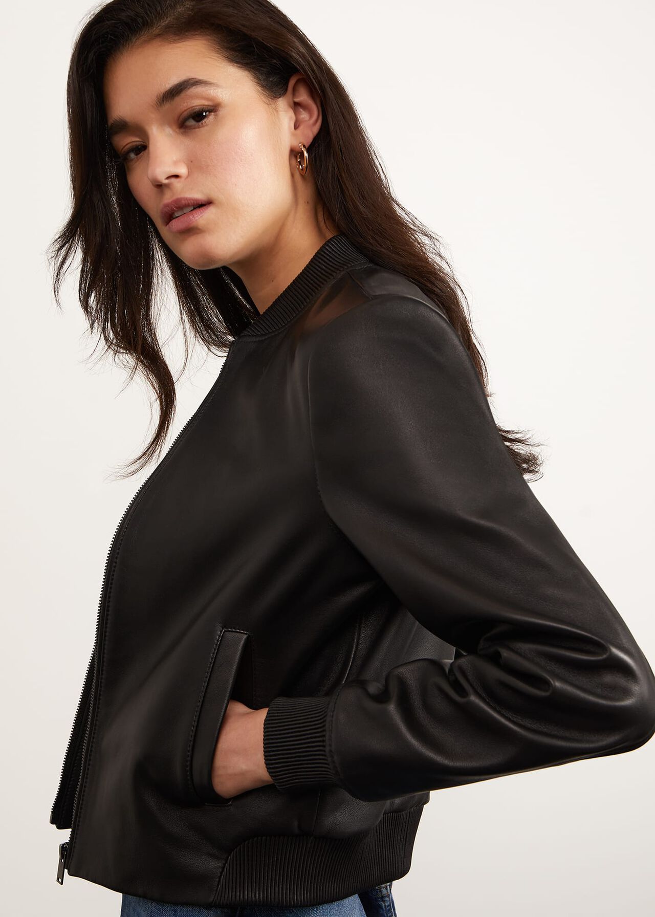 Lindley Leather Bomber Jacket, Black, hi-res