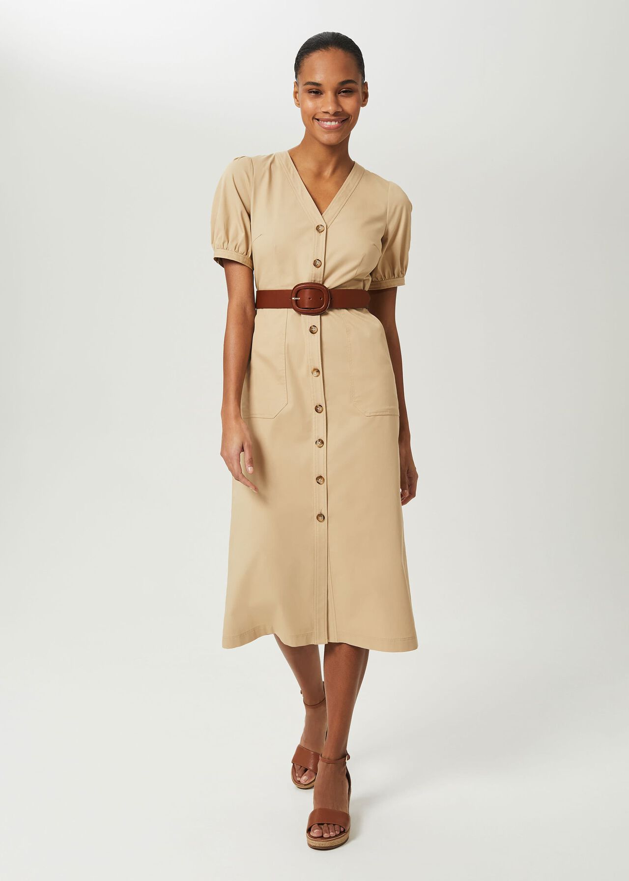 Adaline V Neck Midi Dress, Sand, hi-res