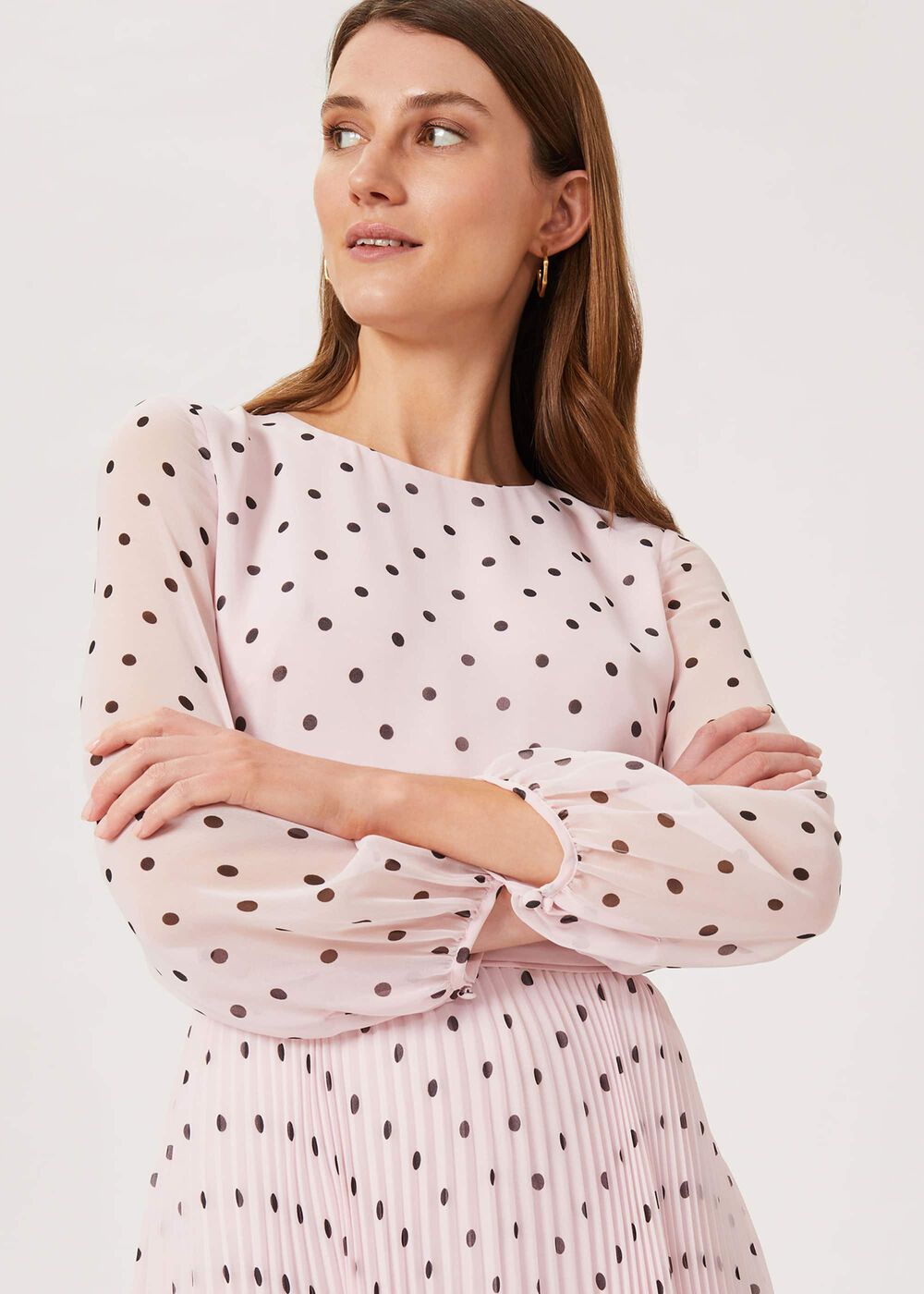 Selena Spot Pleated Dress, Pale Pink Black, hi-res