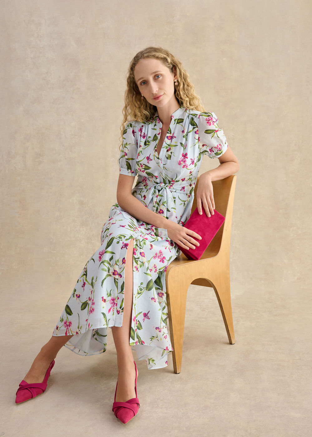 Clarissa Linen Blend Floral Dress, Pale Blue Multi, hi-res