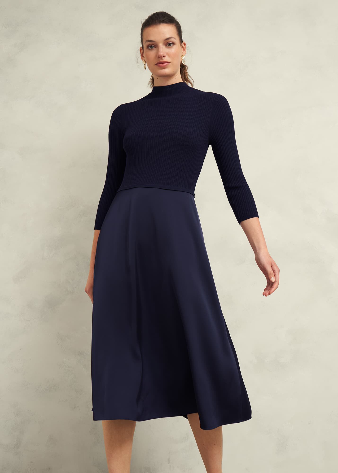【Hobbs London】英国発！ Trina Satin Knitted DRESS 七分袖 Hobbs London】英国発！ Trina Satin Knitted DRESS 七分袖