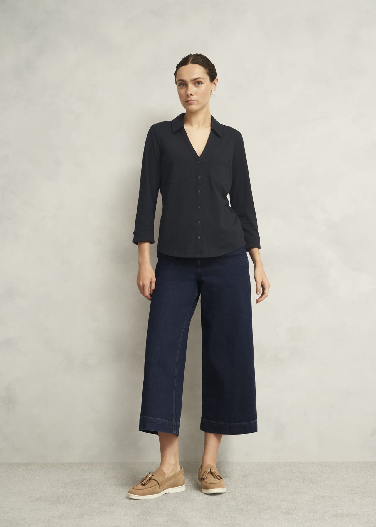 Navy Zariah Cotton Slub 3/4 Sleeve Shirt, Hobbs Navy, hi-res