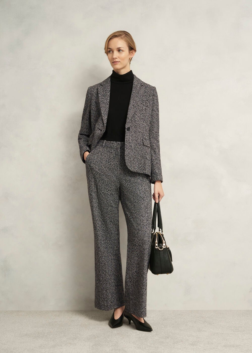 Petite Marlyn Wool Jersey Wide Trousers, Black White, hi-res