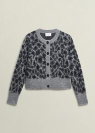 Grey Raleigh Leopard Print Crew Neck Knitted Cardigan, Grey Marl, hi-res