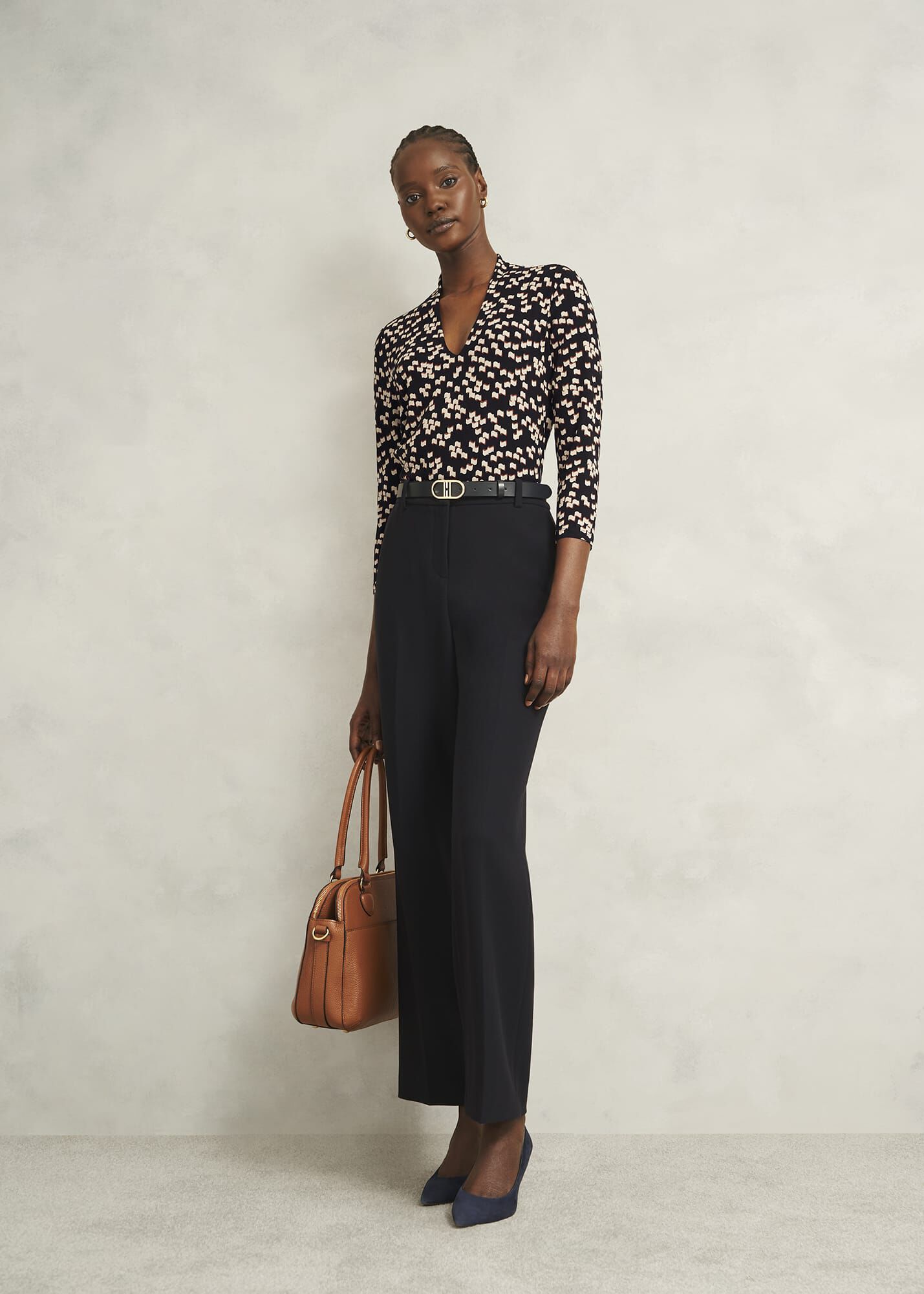 Navy Aimee Printed V Neck 3/4 Sleeve Top | Hobbs US |