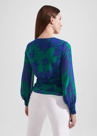 Elizabeth Printed Wrap Blouse, Blue Green, hi-res
