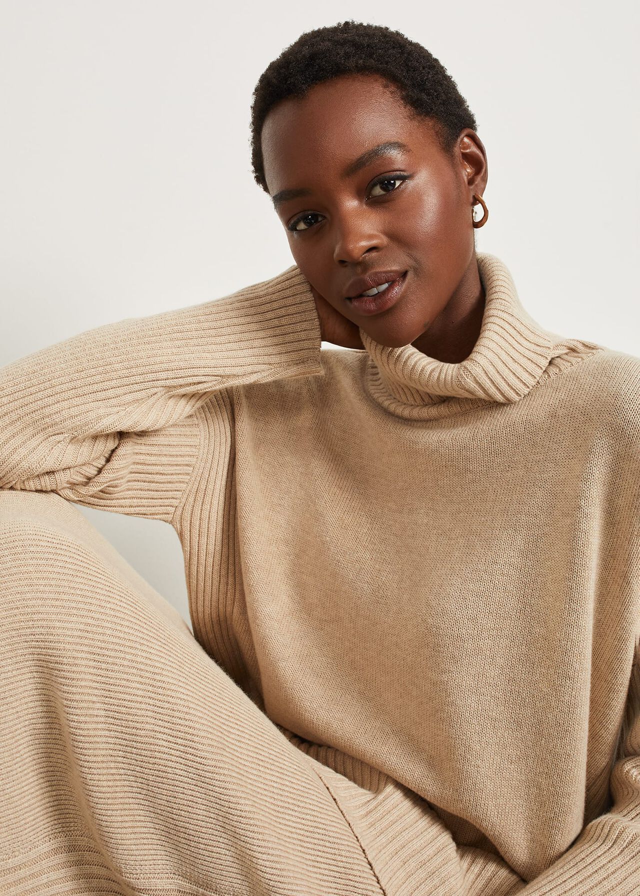 Lovell Co-Ord Wool Cotton Roll Neck Sweater, Oatmeal Marl, hi-res