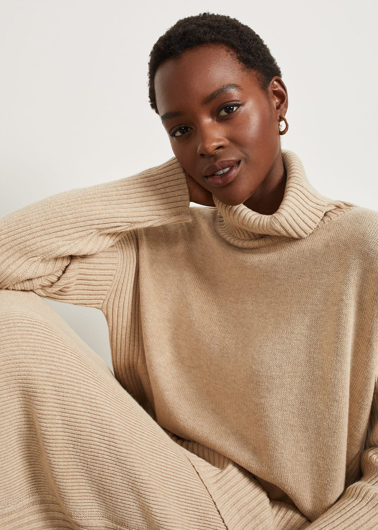 Lovell Co-Ord Wool Cotton Roll Neck Jumper, Oatmeal Marl, hi-res