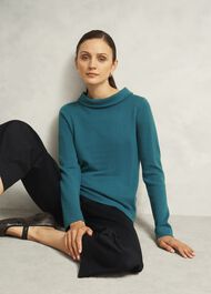 Dark Green Audrey Cashmere Blend Roll Neck Jumper, Deep Lake Green, hi-res