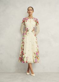 Petite Eva Floral Silk Dress, Cream Multi, hi-res