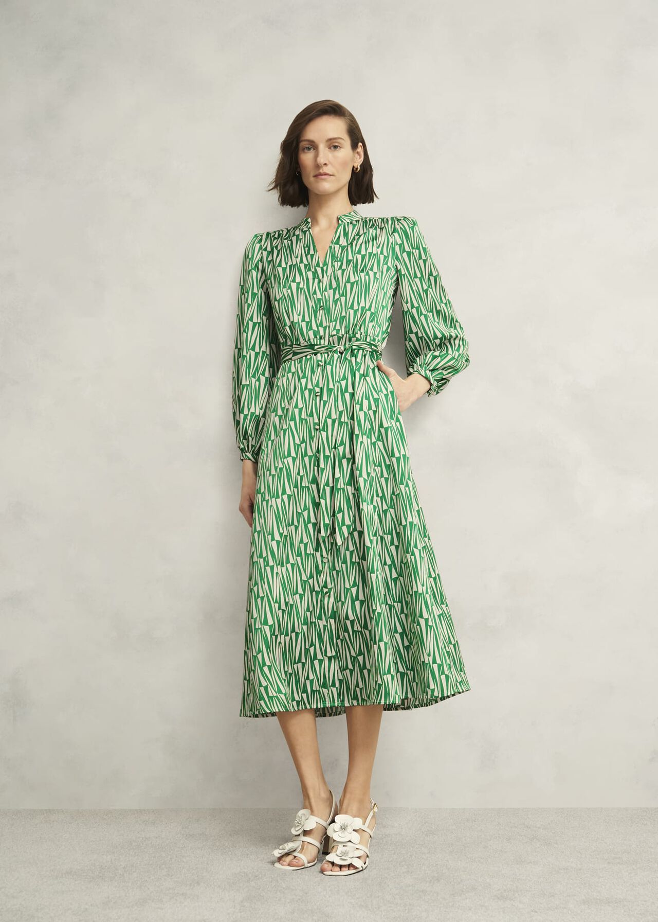 Deanery Midi Shirt Dress, Green Cream, hi-res