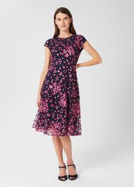 Tia Floral Embroidered Dress, Navy Pink, hi-res