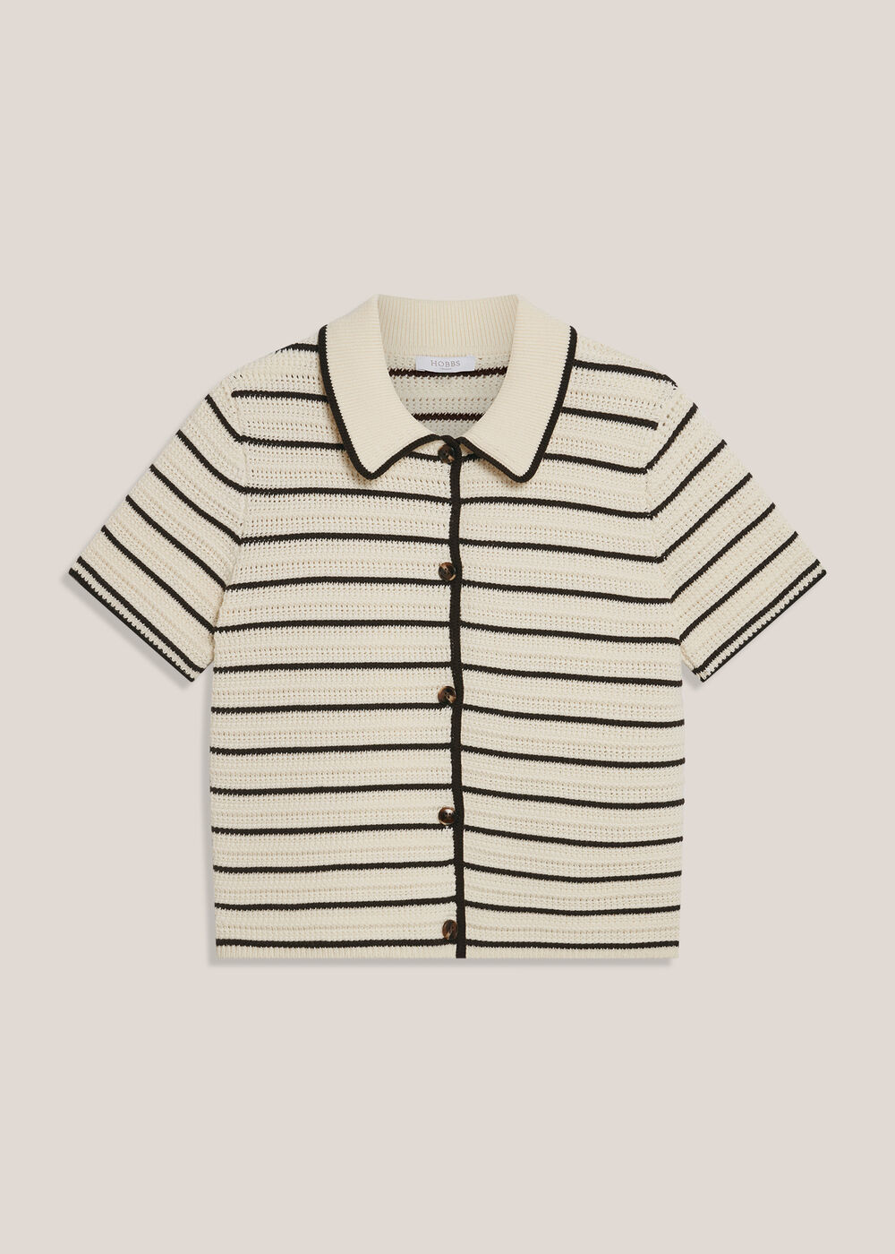 Alderton Cotton Short Sleeve Striped Crochet Shirt, Ivory Brown, hi-res