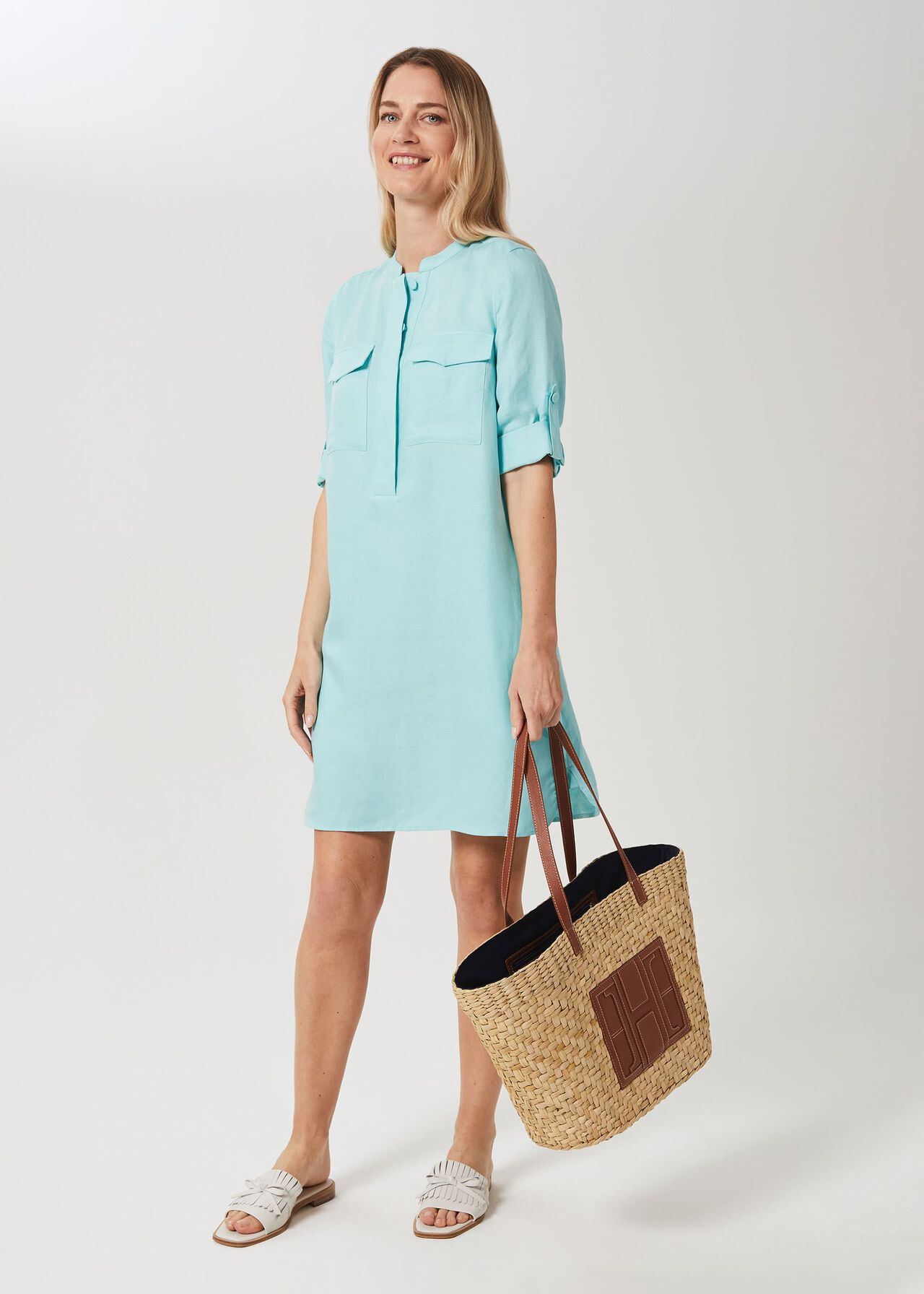 Milla Linen Blend Tunic Dress, Aqua, hi-res