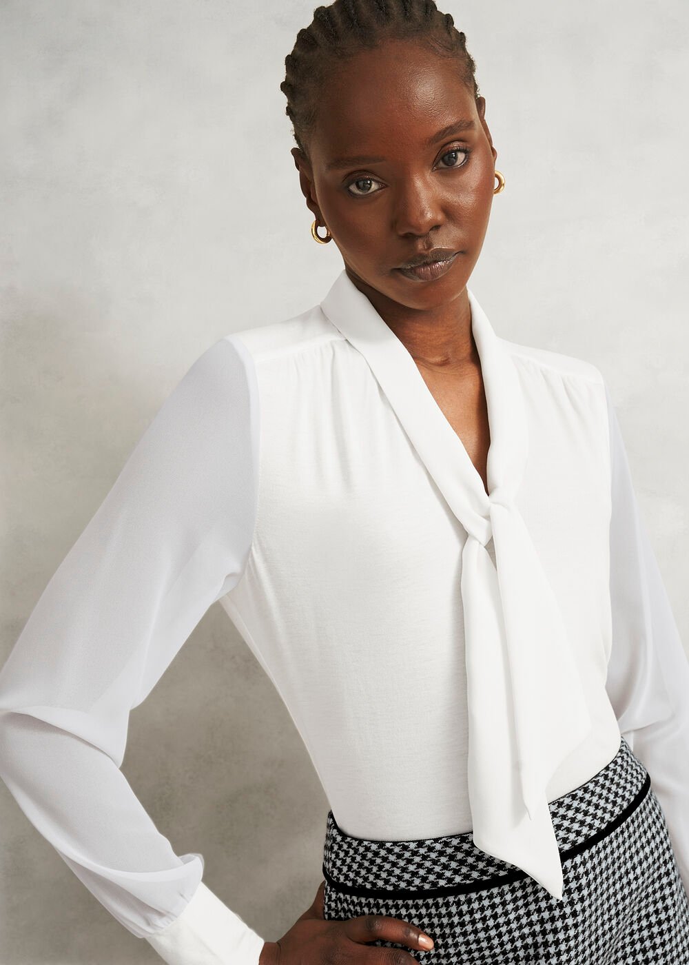 Ivory Tarini Tie Neck Long Sleeve Top, Ivory, hi-res