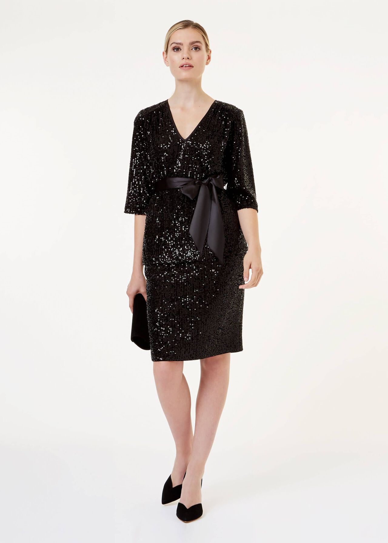 Salma Sequin V Neck Top, Black, hi-res