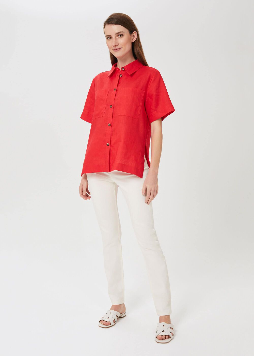Georgiana Linen Shirt, Coral Red, hi-res