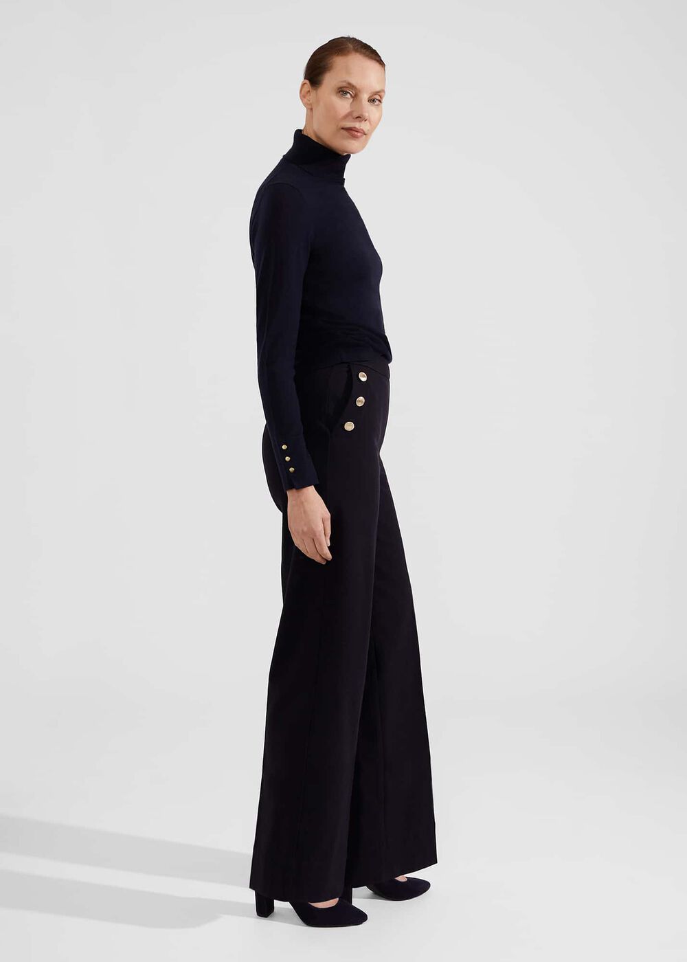 Hana Wide Leg Cotton Blend Pants, Navy, hi-res