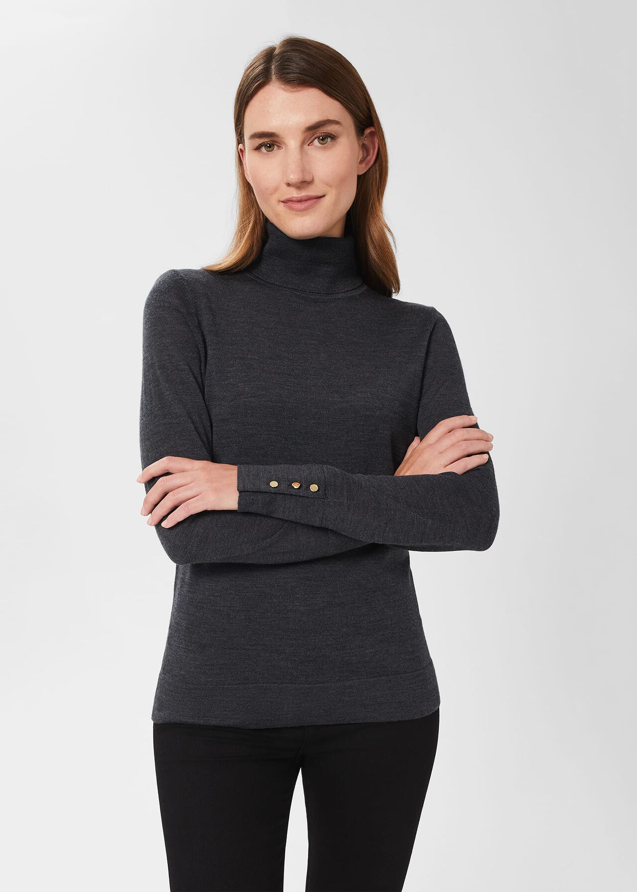 Lara Merino Wool Roll Neck Jumper, Charcoal, hi-res