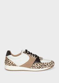 Mara Leopard Print Leather Trainers, White, hi-res