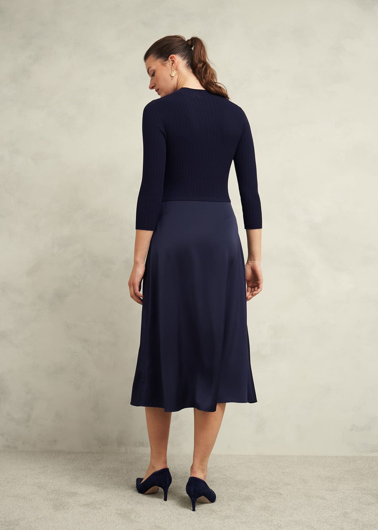 Trina Satin Knitted Dresses, Hobbs Navy, hi-res