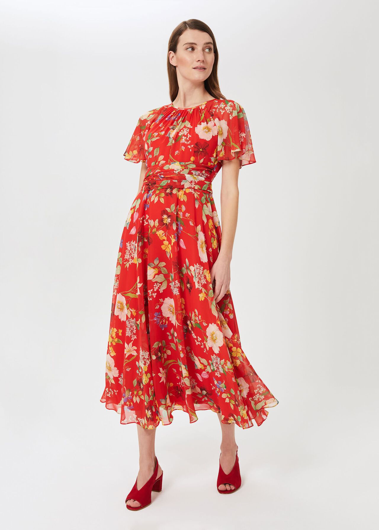 Sarah Floral Midi Dress, Flame Red, hi-res