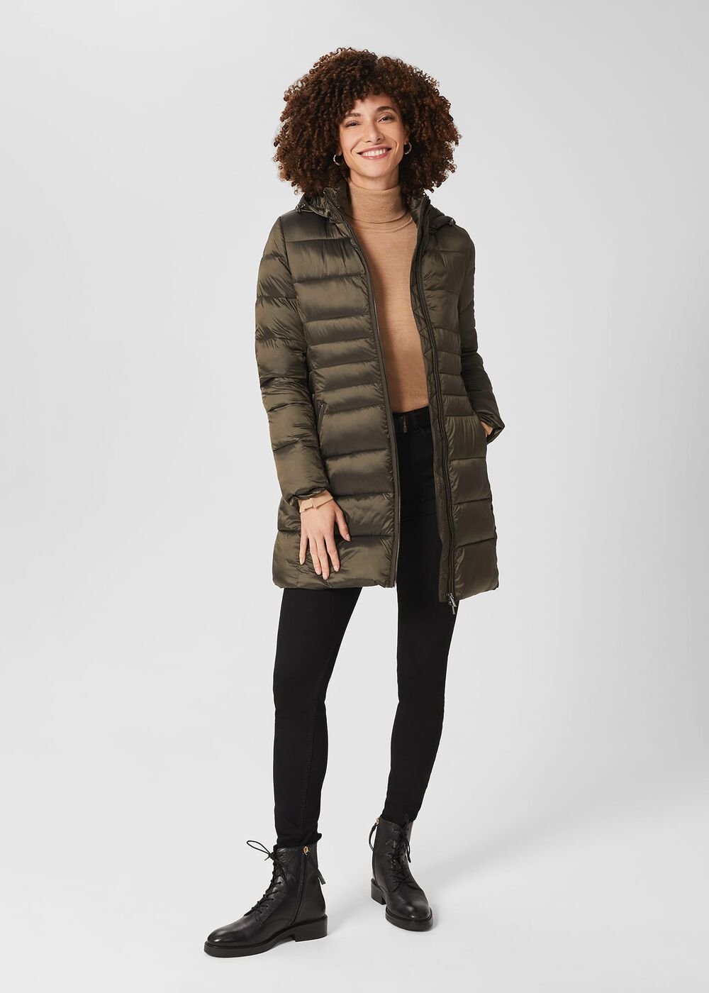 Danika Long Puffer Jacket With Hood, Dark Olive, hi-res