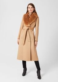 Fleur Wool Coat With Faux Fur Collar, Camel, hi-res