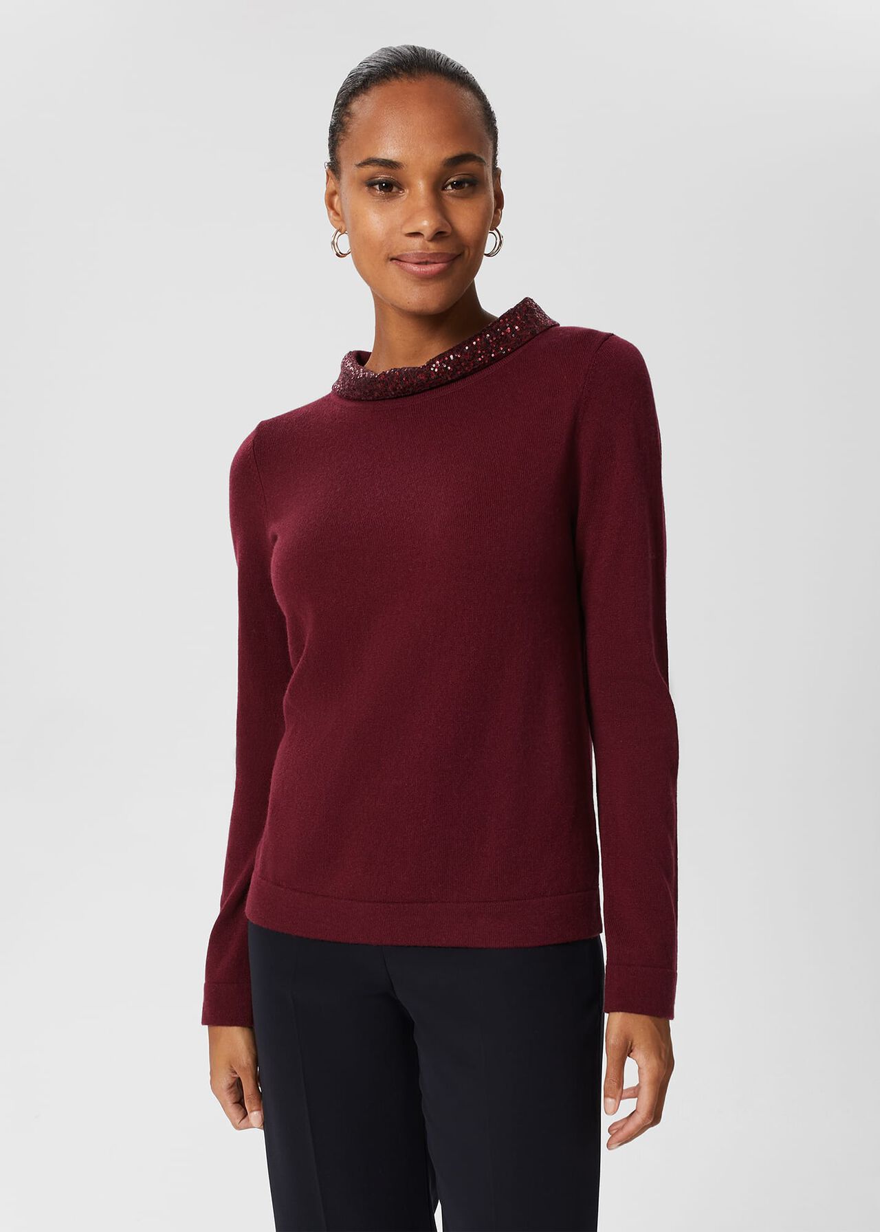 Esther Sequin Wool Cashmere Jumper, Burgundy, hi-res