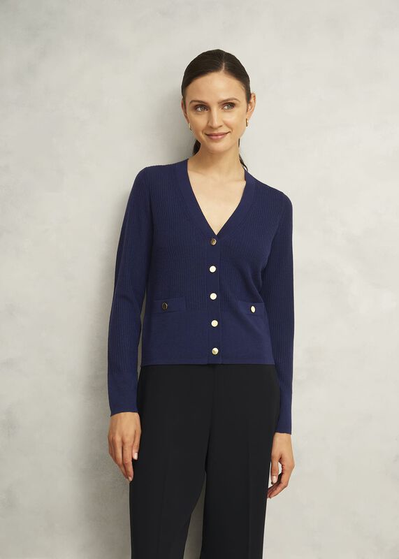 Navy Yasmin Merino Wool V Neck Cardigan