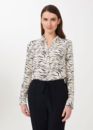 Meredith Printed Shirt, Buttrcream Navy, hi-res