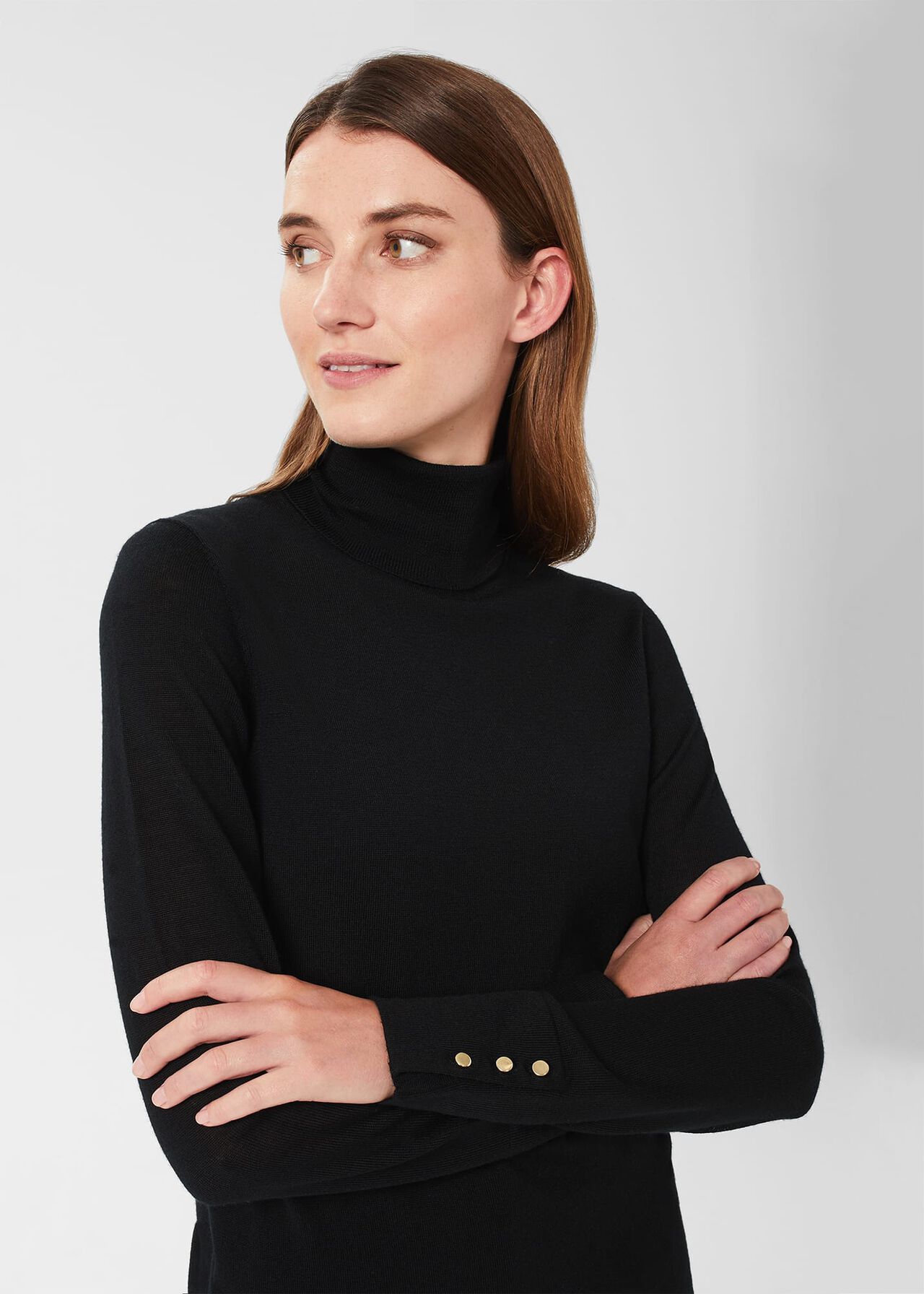 Lara Merino Wool Roll Neck Jumper, Black, hi-res