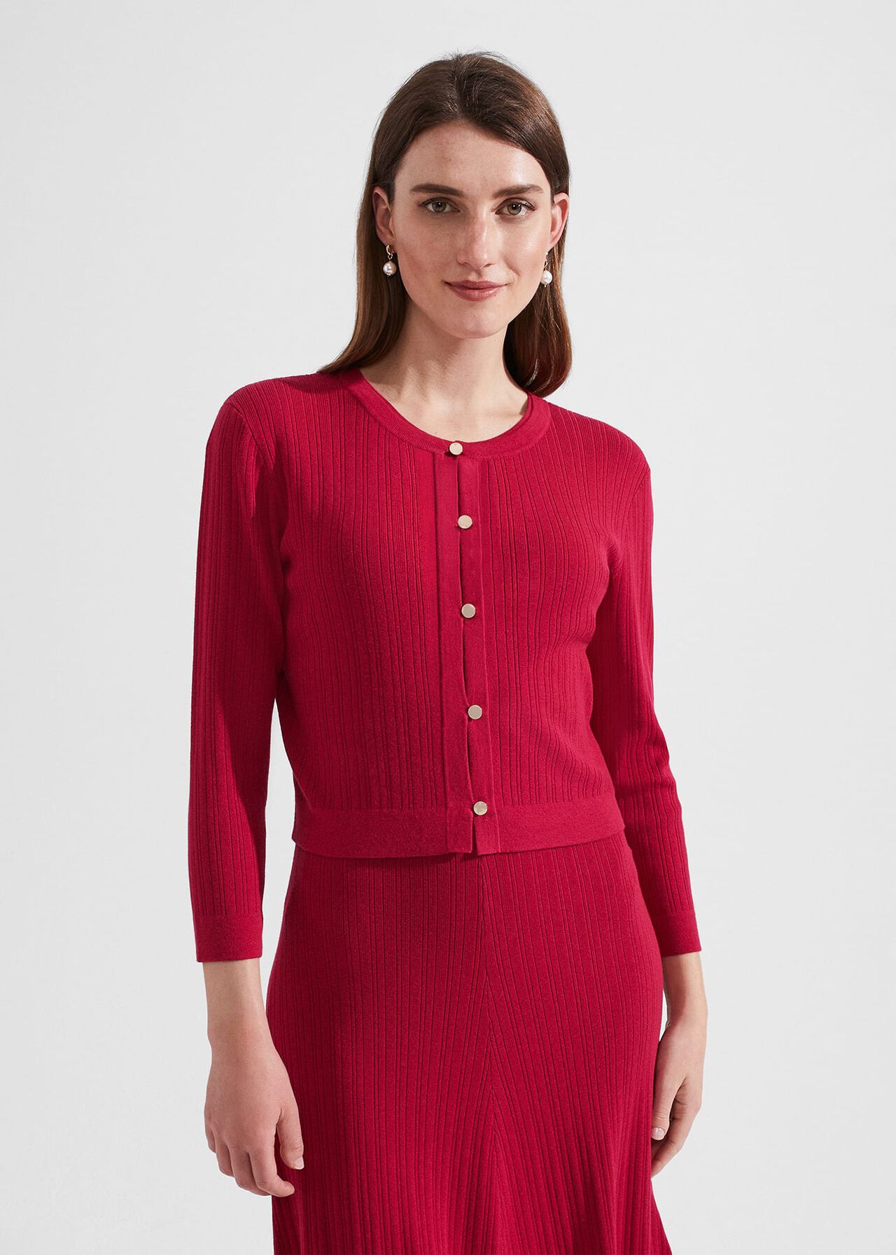 Reena Ribbed Knitted Cardigan, Berry Red, hi-res