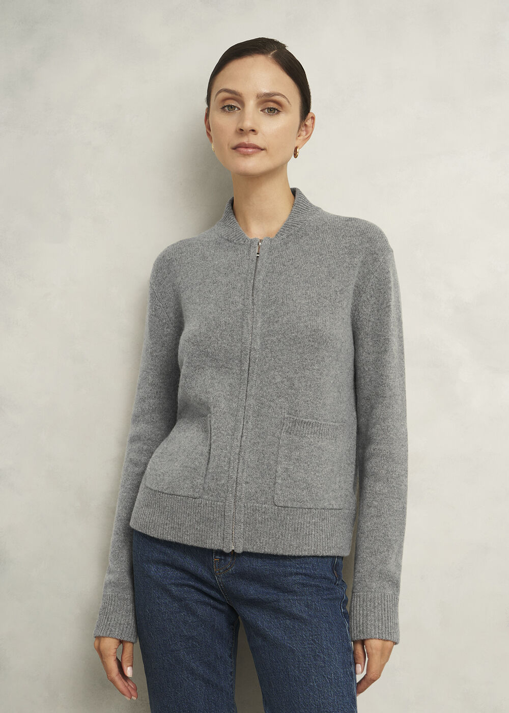 Grey Bonnie Wool Blend Knitted Bomber Jacket, Mid Grey Marl, hi-res