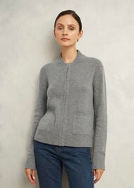 Grey Bonnie Wool Blend Knitted Bomber Jacket, Mid Grey Marl, hi-res
