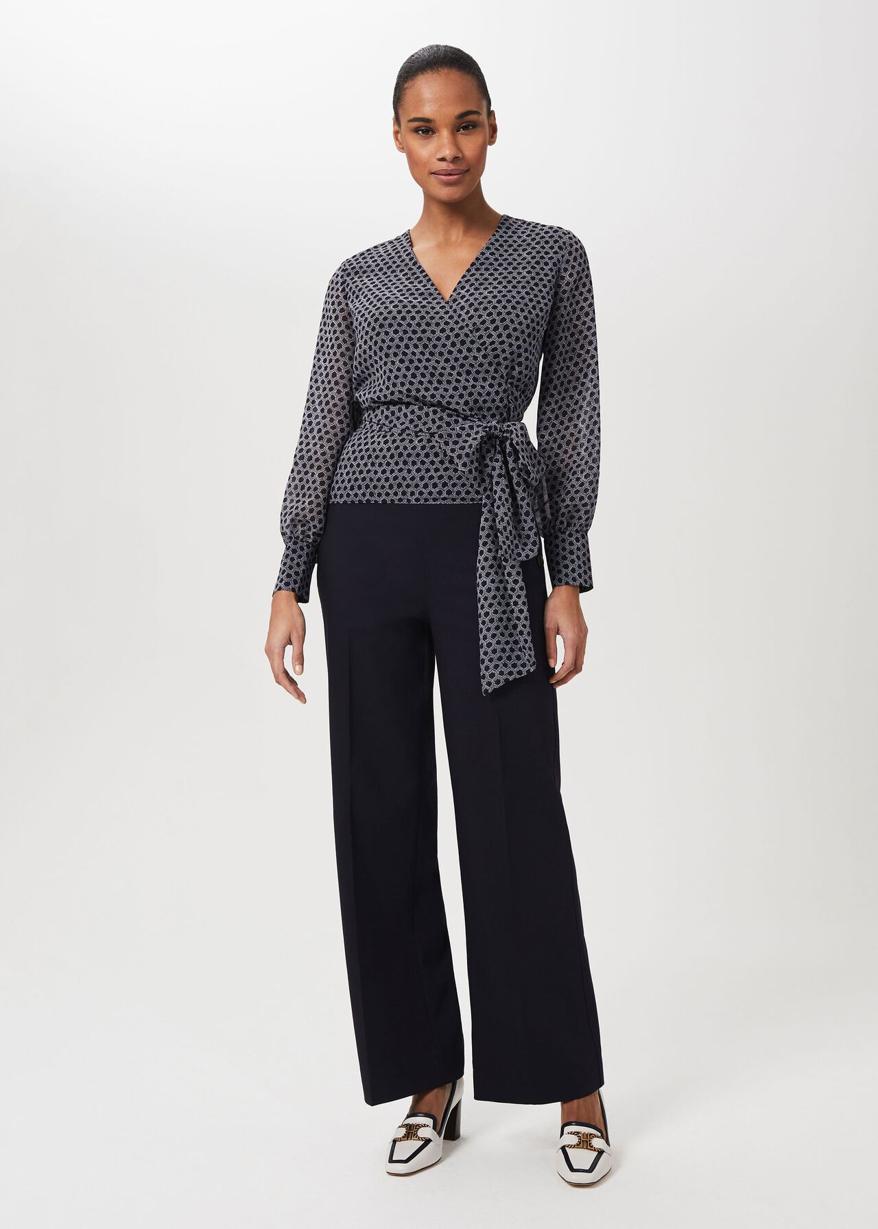 Elizabeth Printed Wrap Blouse, Navy Ivory, hi-res
