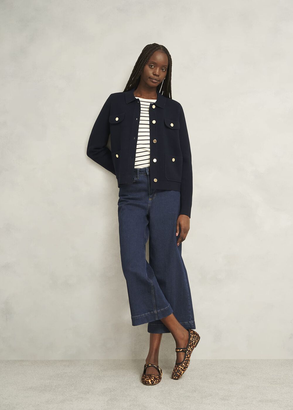 Navy Christa Cotton Pocket Detail Collared Knitted Jacket, Hobbs Navy, hi-res