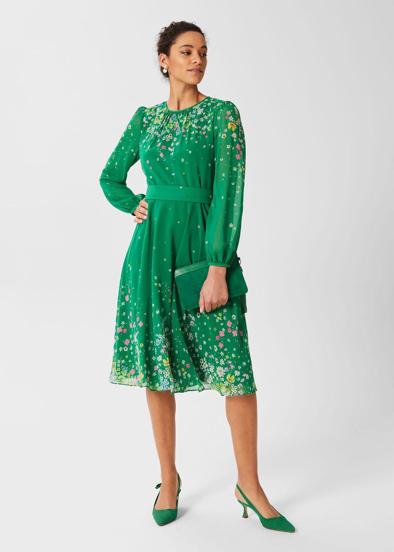 Maria Floral Fit And Flare Dress, Green Multi, hi-res