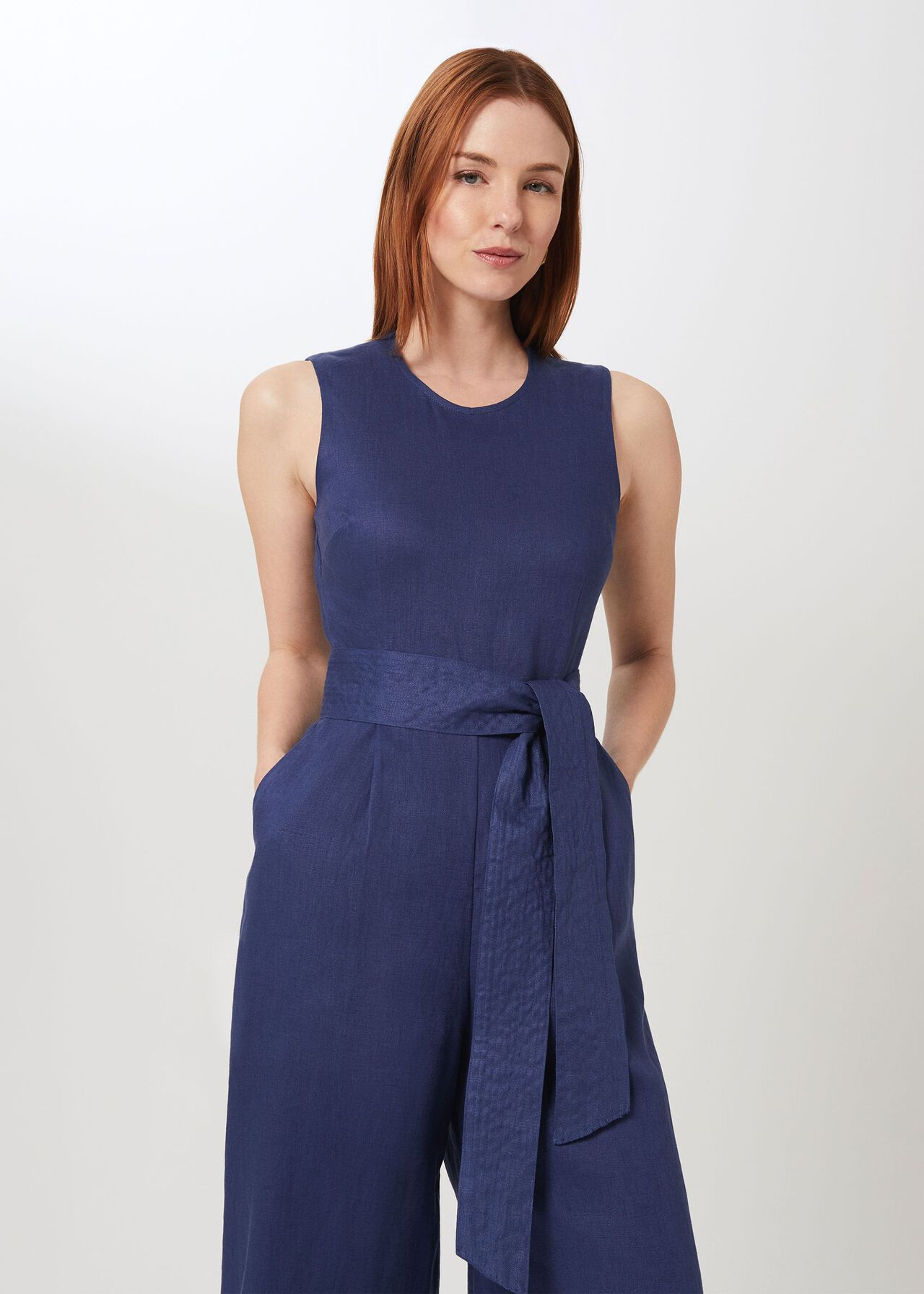 Gabbie Linen Cropped Jumpsuit, French Navy, hi-res