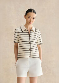 Alderton Cotton Short Sleeve Striped Crochet Shirt, Ivory Brown, hi-res