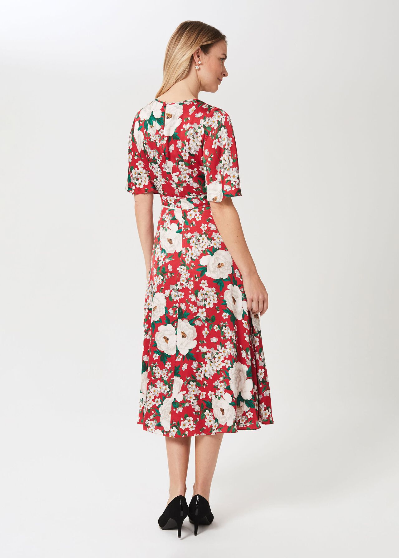 Bella Floral Print Satin Dress, Red Multi, hi-res