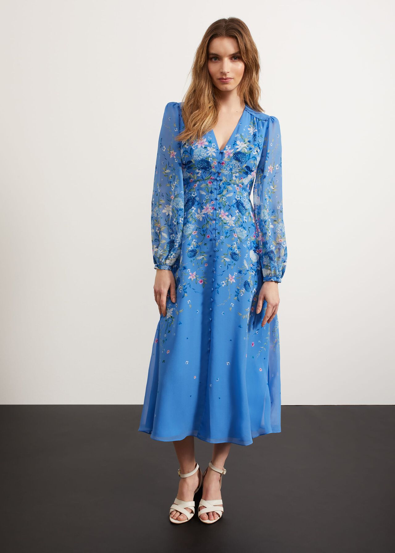 Caversham Silk Floral Dress, Blue Multi, hi-res