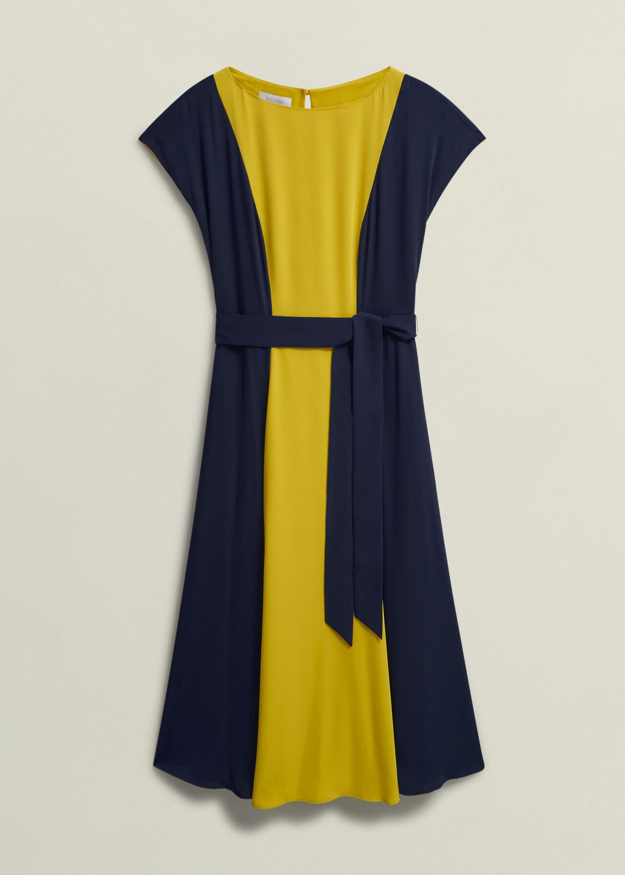Emery Tie Belted Dress, Navy Yellow, hi-res