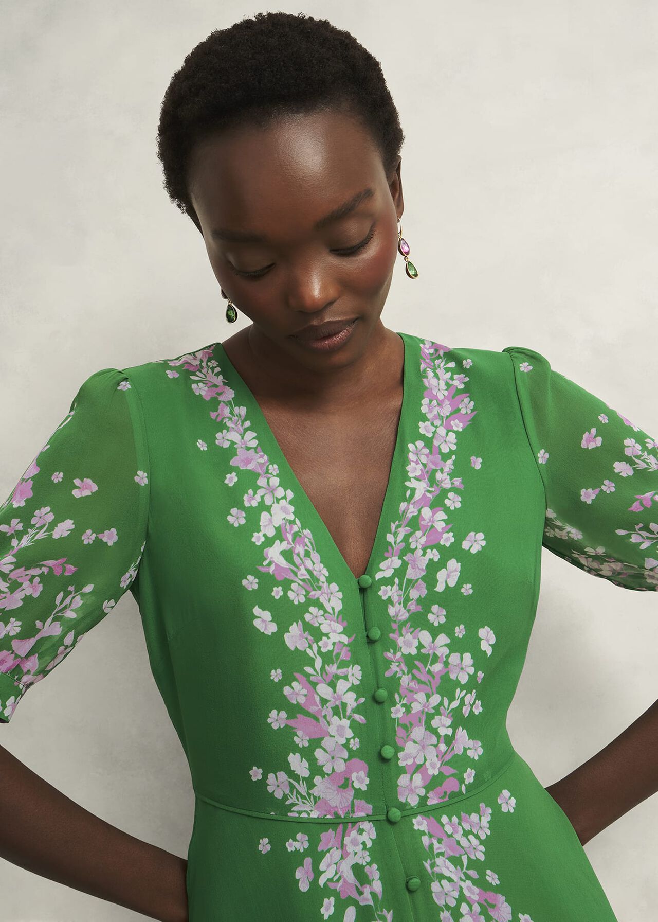 Petite Ana Silk Floral Dress, Green Pink, hi-res