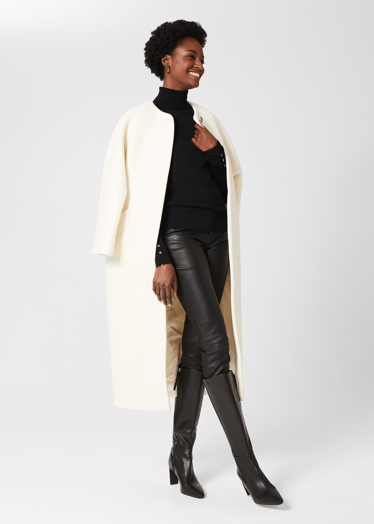 Tabatha Wool Blend Long Coat, White, hi-res
