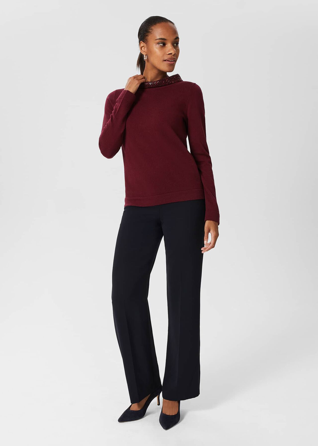 Esther Sequin Wool Cashmere Jumper, Burgundy, hi-res