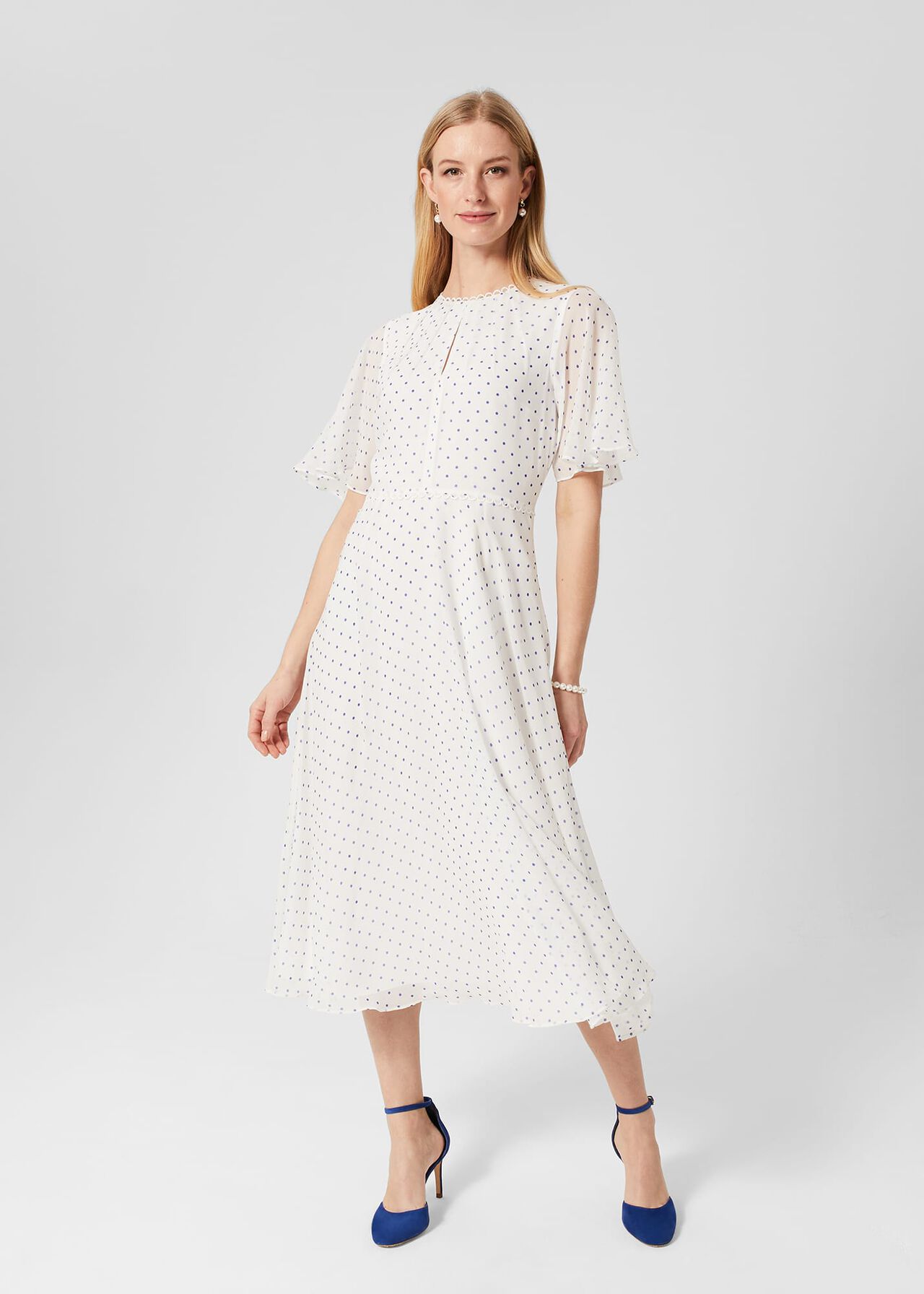 Priya Silk Spot Dress, Ivory Blue, hi-res