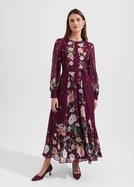 Maribella Silk Floral Dress, Burgundy Multi, hi-res