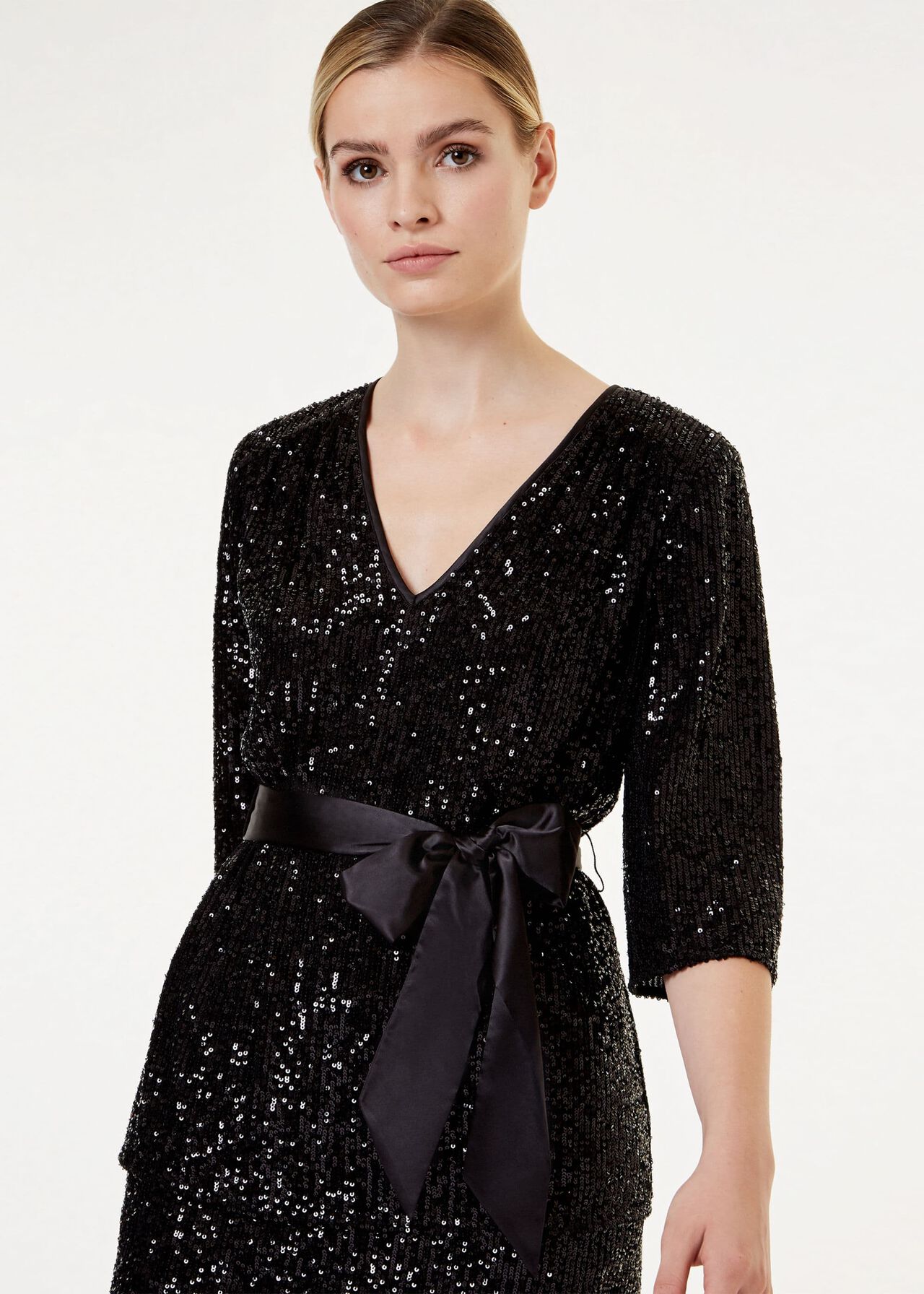 Salma Sequin V Neck Top, Black, hi-res