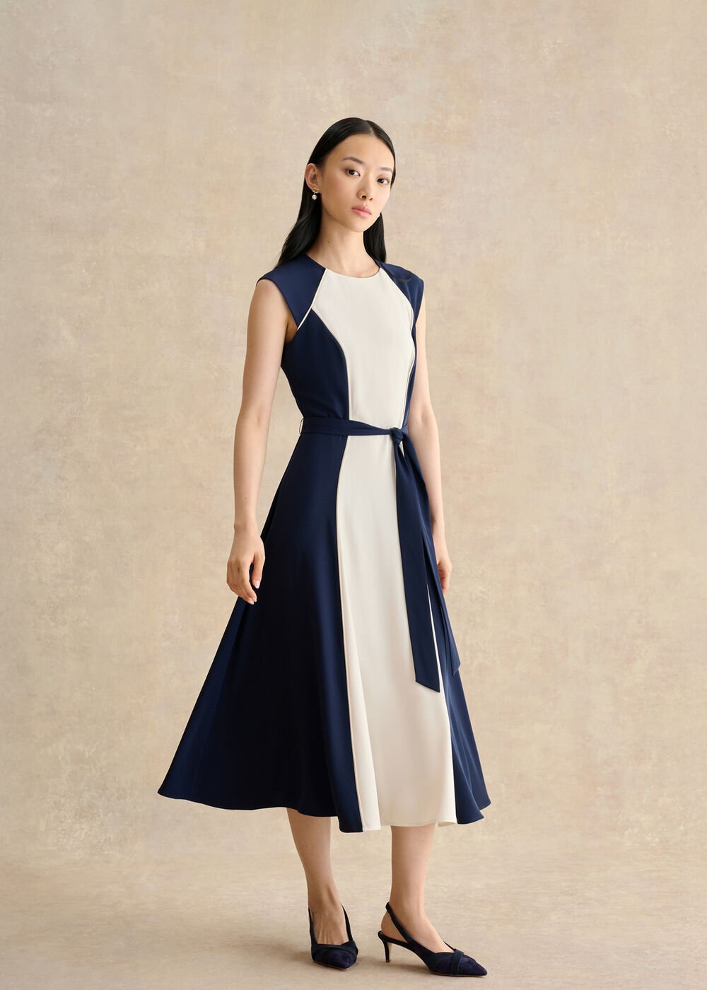 Petite Andrea Colourblock Dress, Navy Cream, hi-res